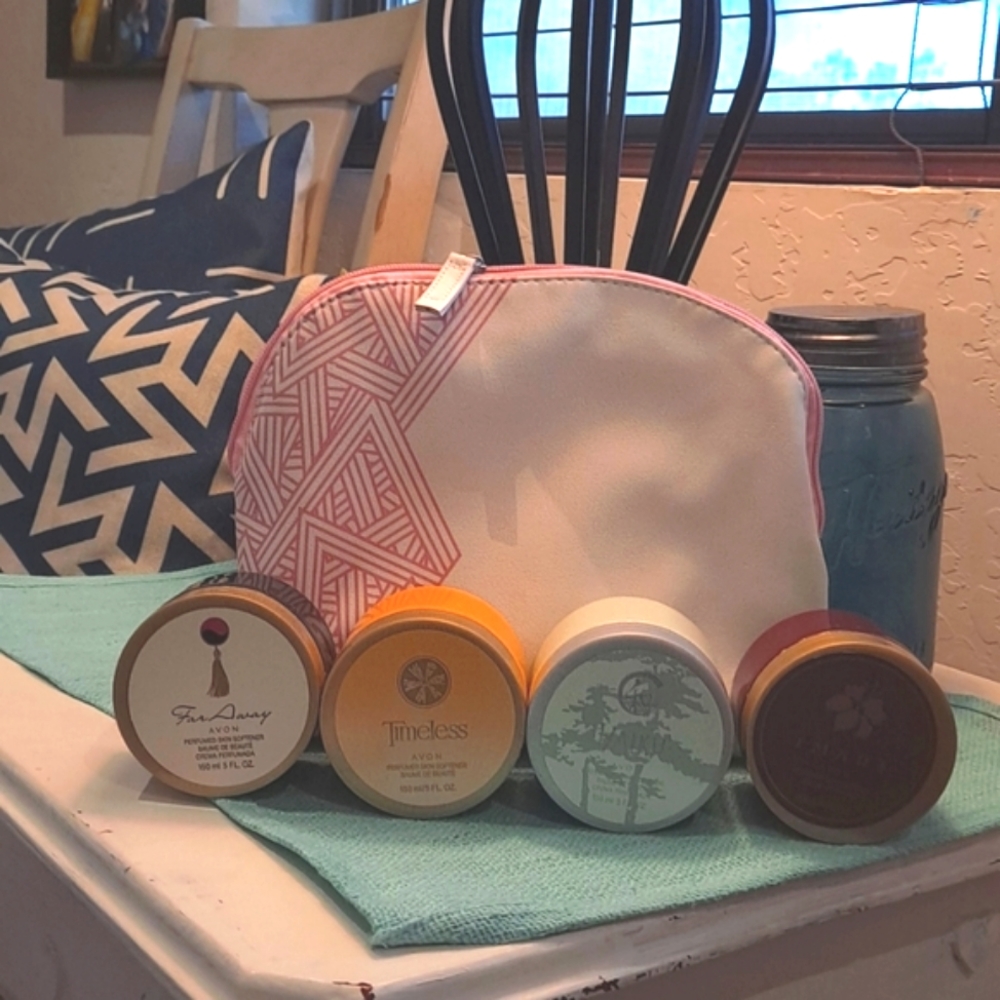 Avon set of 4 (5oz.)  Perfumed skin softener & Cosmetic Zipper Bag